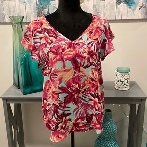 Tropical summer blouse. Seafoam green, pink and coral